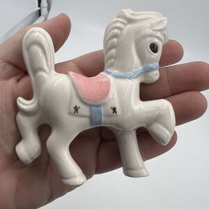 Rare Vintage Macrame Ceramic Bead Baby Horse Carousel Blue Pink Saddle Bridle